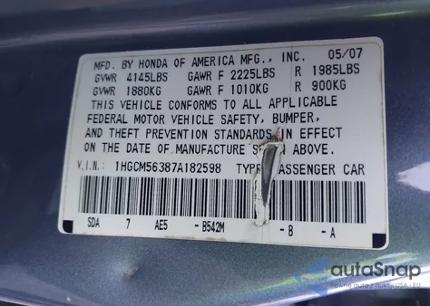 2007 Honda Accord 2.4 Se z USA, uszkodzony, nr VIN 1HGCM56387A182598